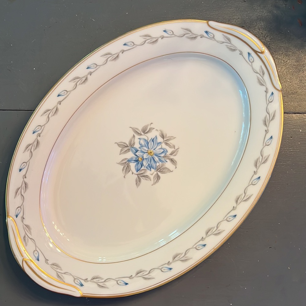 Vintage Blue & Silver Flower China Large Serving Platter